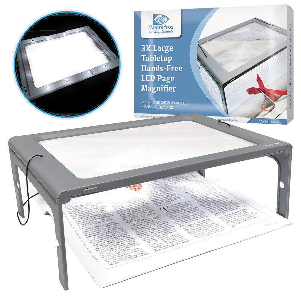 Lupa de mesa rectangular con marco gris y luces LED integradas apoyada sobre un libro abierto; al lado, su caja con la marca MagniPros y el detalle del marco iluminado.