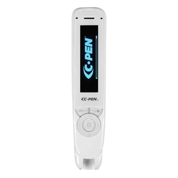 Bolígrafo lector C-Pen Reader 2 de color blanco en posición vertical, con pantalla LCD encendida mostrando el logo C·Pen y panel de control con teclas de menú y navegación.