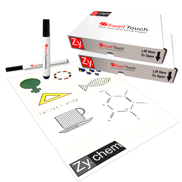 Dos cajas blancas de papel táctil 'Swell Touch' de la marca Zychem junto a un marcador negro y una hoja de muestra con figuras en relieve: triángulo, manzana, taza, círculo y molécula química.